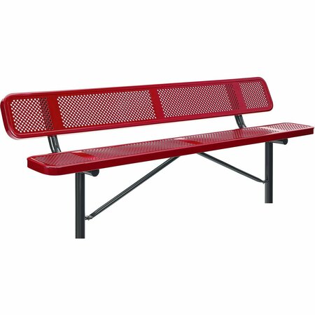 GLOBAL INDUSTRIAL 8ft Outdoor Steel Bench w/ Backrest, Perforated Metal, In Ground Mount, Red 262077IRD